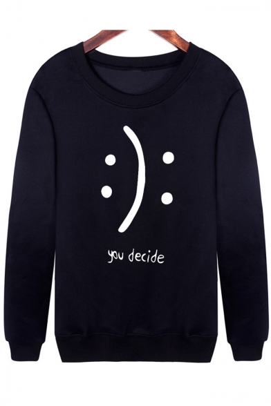 Smile Face Letter Printed Round Neck Long Sleeve Pullover Sweatshirt