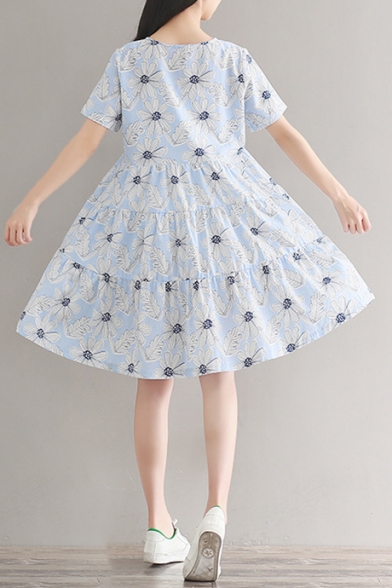 Summer Collection Floral Printed Round Neck Short Sleeve Buttons Down Midi Smock Dress