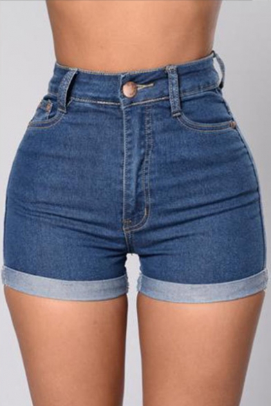 Summer Collection High Waist Zipper Fly Turn Up Skinny Denim Shorts