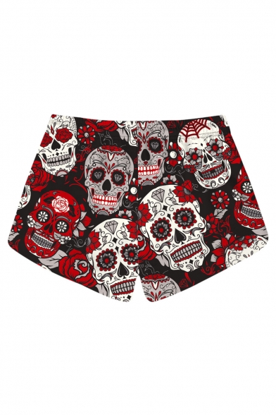 Summer Collection Skull Floral Printed Drawstring Waist Shorts with Pockets