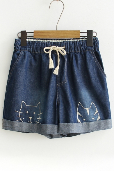 Summer Fashion Cat Cartoon Embroidery Drawstring Waist Pocket Detail Denim Shorts