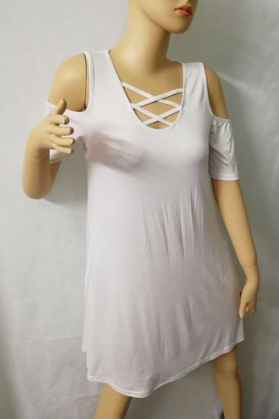 Summer Fashion Plain V-Neck Lace-up Detail Short Sleeve Cold Shoulder Mini T-shirt Dress