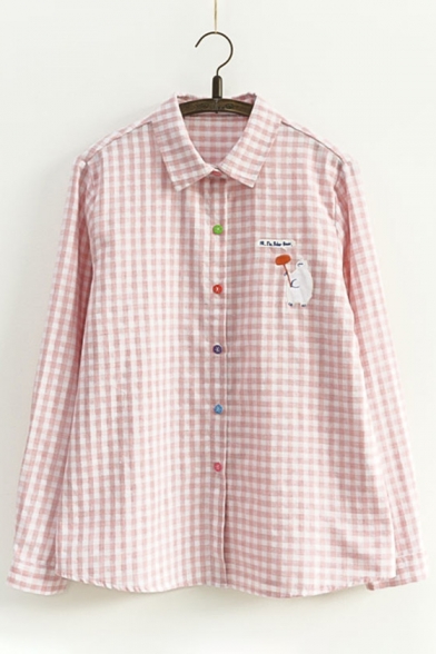Trendy Gingham Plaids Bear Embroidered Lapel Button Front Shirt