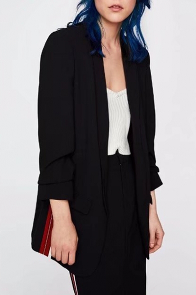 Trendy Striped Side Open Front Lapel Pocket Detail Ruched Sleeve Blazer
