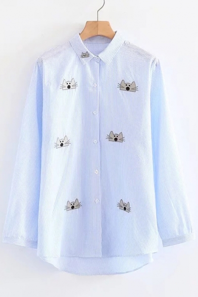 Unique Cat Embroidery Striped Pattern Lapel Button Front Dipped Hem Shirt