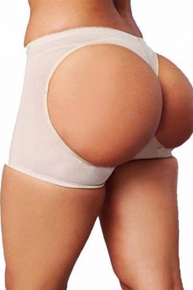 Women's Sexy Plain Elastic Waist Hollow Back Slim Fit Skinny Underwear Shorts