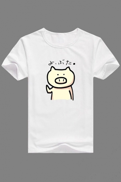 

Adorable Cartoon Pig Printed Round Neck Short Sleeve Tee for Couple, Pink;white