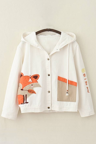 Adorable Fox Letter Embroidered Single Breasted Drawstring Ears Hooded Jacket