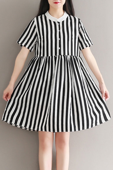 Chic Striped Printed Stand Up Collar Buttons Down Short Sleeve Mini A-Line Dress