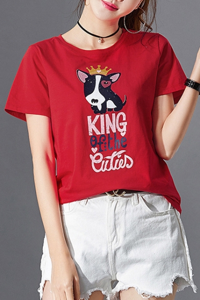 Crown Dog Letter Printed Round Neck Short Sleeve Tee