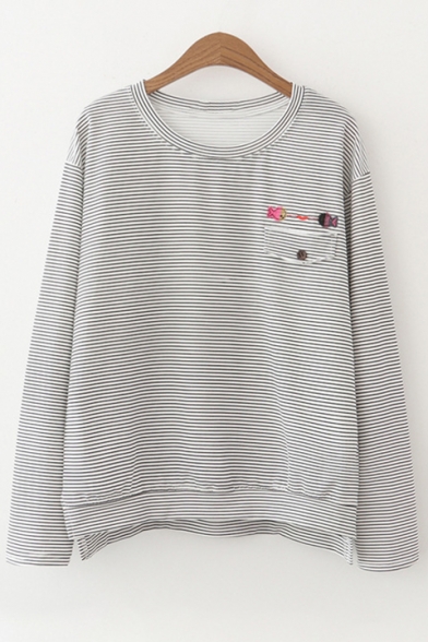 Daily Fashion Fish Embroidery Dipped Hem Split Side Spring Striped Tee