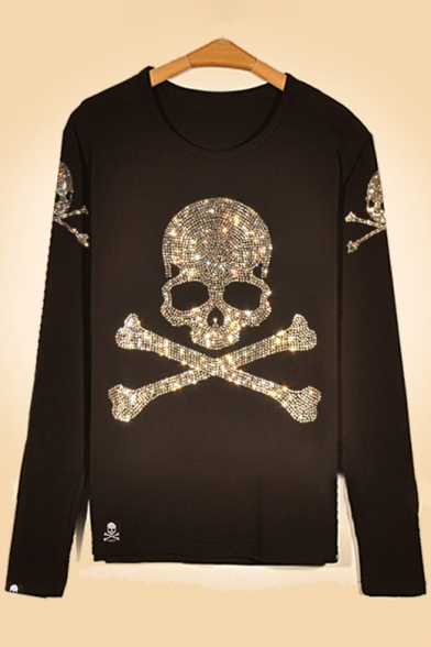 Diamante Embellished Skull Printed Round Neck Long Sleeve Pullover Sweatshirt