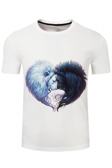 Digital Two Lions Printed Round Neck Short Sleeve Unisex Tee