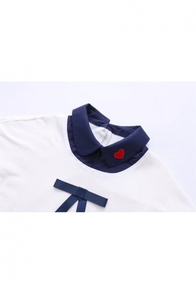 Fancy Color Block Sweetheart Embroidered Lapel Bow Detail Layered Tee