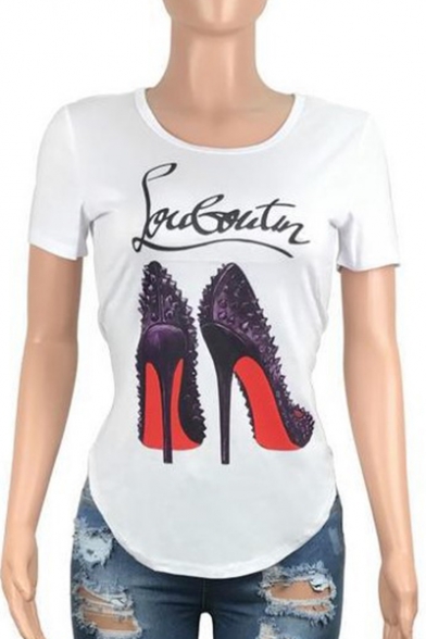 Fashionable High Heel Shoes Letter Pattern Round Neck Short Sleeves Tee
