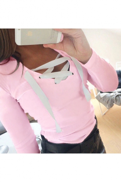 Fashionable Lace Up Front V-Neck Long Sleeve Slim Fit Tee