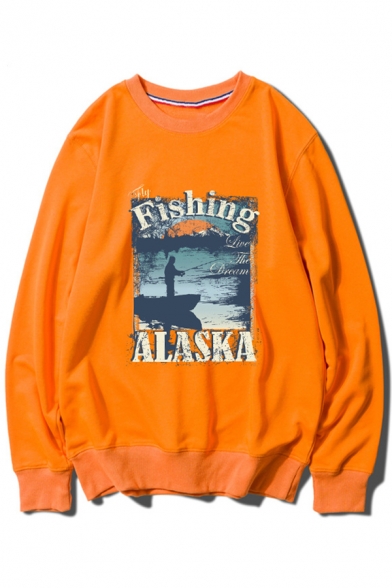 Fishing Man Letter Printed Round Neck Long Sleeve Loose Pullover Sweatshirt