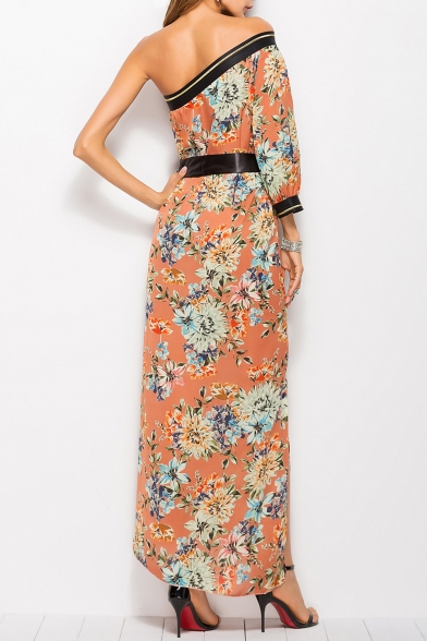 Floral Printed One Shoulder 3/4 Length Sleeve Bow Tied Waist Maxi Dress