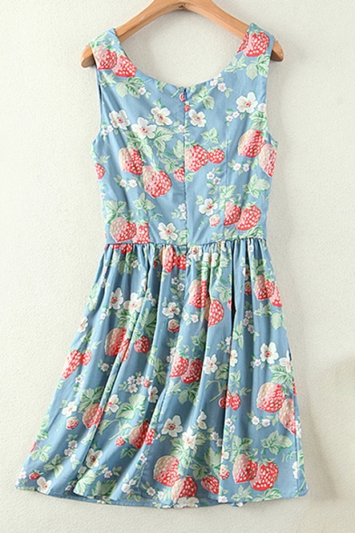 Girlish Strawberry Floral Pattern Zip Back Sleeveless Mini Skater Dress