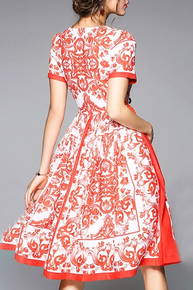 Lady Floral Printed Square Neck Short Sleeve Midi A-Line Dress