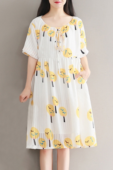 Lovely Printed Round Neck Short Sleeve Pleated Midi A-Line Dress
