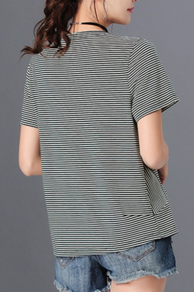 Lovely Sequined Dog Round Neck Striped Short Sleeve Tee