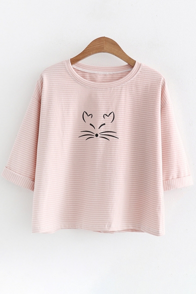 New Arrival Cat Printed Round Neck Striped Half Sleeve Loose Tee