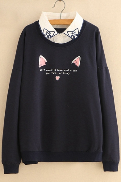 New Arrival Fake Two Pieces Collared Cat Ears Letter Printed Long Sleeve Pullover Sweatshirt