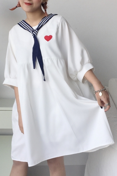 New Arrival Sweetheart Embroidery Navy Collar Necktie Loose Smock Mini Dress