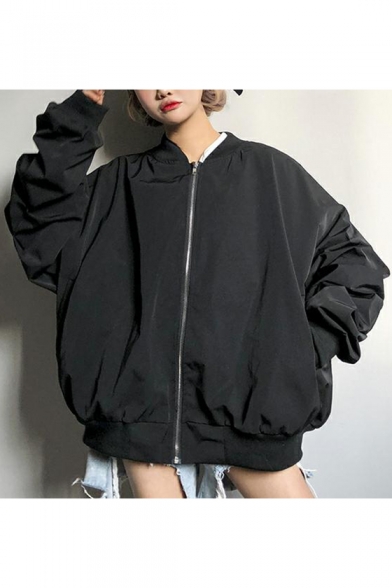 Oversize Graphic Printed Back Long Sleeve Stand Up Collar Zip Up Baseball Jacket