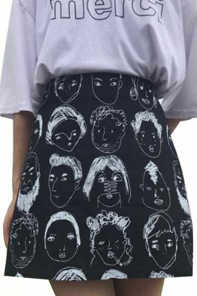 Popular Cartoon Graffiti Pattern High Waist Mini A-line Skirt