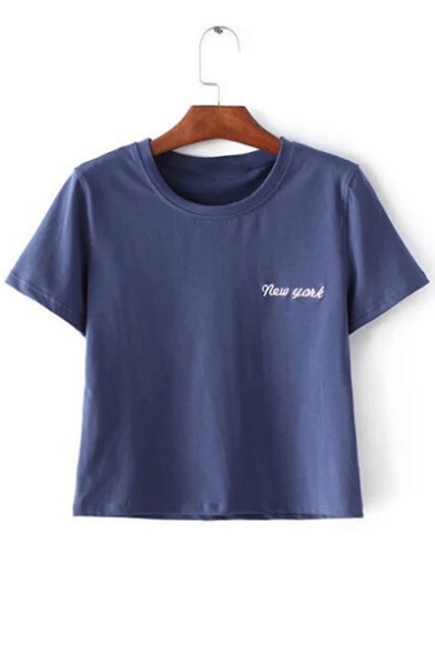 Popular Letter Embroidery Round Neck Short Sleeves Summer Casual Cropped T-shirt