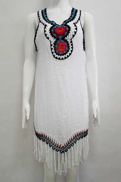 Retro Tribal Embroidery V-Neck Sleeveless Tassel Hem Mini Tank Dress