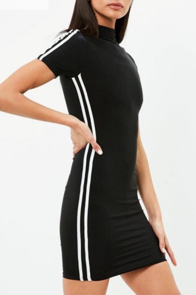 Sportive Striped Side High Neck Short Sleeve Mini Bodycon Dress