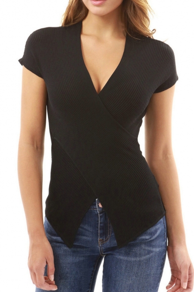Summer Collection V-Neck Wrap Front Cap Sleeve Slim Fit Ribbed Tee