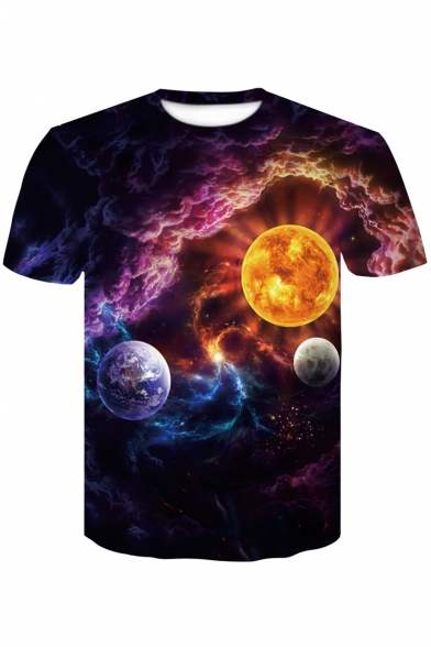 Galaxy Planet Print Round Neck Short Sleeves Casual Tee