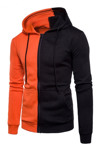 Basic Simple Color Block Zip Up Long Sleeve Hoodie with Pockets