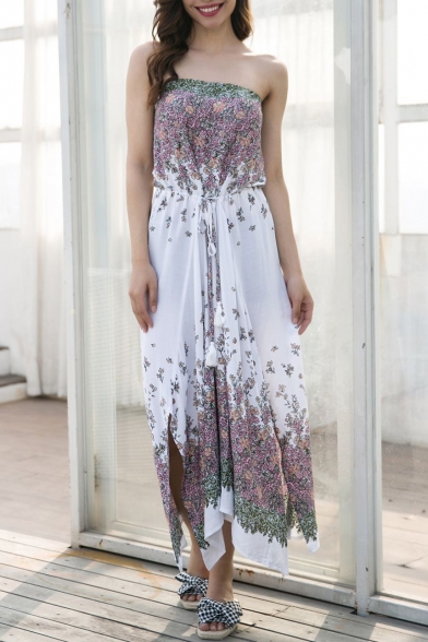 Beach Fashion Floral Print Slit Side Belted Midi Bandeau Dress
