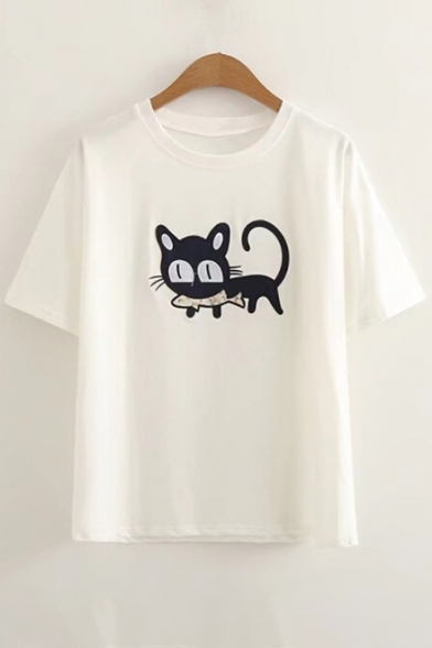 Cat Fish Embroidered Round Neck Short Sleeve Leisure Comfort Tee