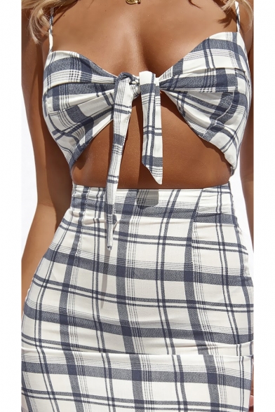 Chic Holiday Spaghetti Straps Sleeveless Plaid Printed Hollow Out Tied Front Mini Cami Dress