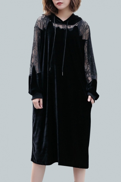 Chic Lace Panel Plain Drawstring Hooded Long Sleeve Loose Midi Velvet Dress