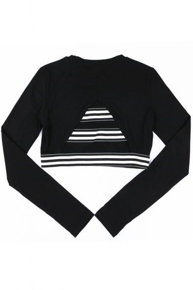 Contrast Striped Printed Hollow Out Back Long Sleeve Round Neck Cropped Tee