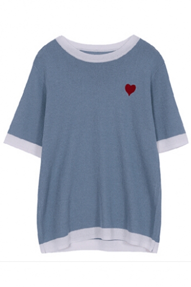 Contrast Trim Heart Embroidered Round Neck Short Sleeve Leisure Knit Tee
