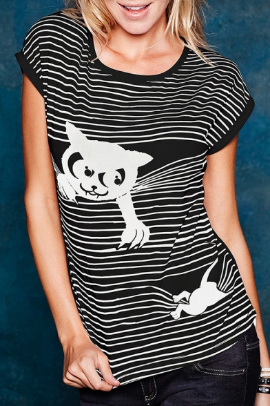 Cute Cat Striped Pattern Round Neck Short Sleeves Summer T-shirt