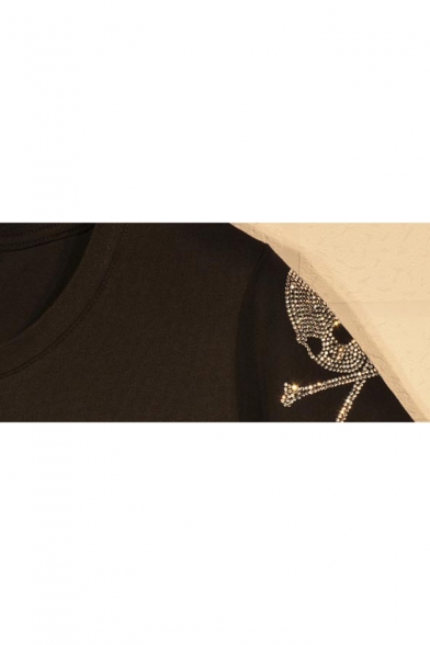 Diamante Embellished Skull Printed Round Neck Long Sleeve Pullover Sweatshirt