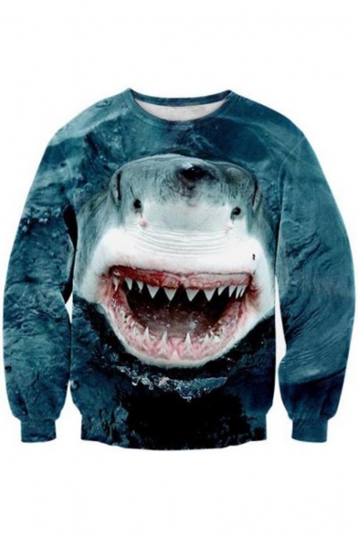 Digital Shark Printed Round Neck Long Sleeve Pullover Sweatshirt for Couple