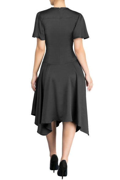 Elegant Plain Round Neck Lace Up Front Embellished Short Sleeve Asymmetric Hem Midi Dress