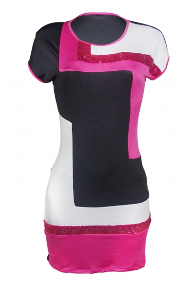 Elegant Sequined Patchwork Color Block Round Neck Short Sleeve Mini T-shirt Dress