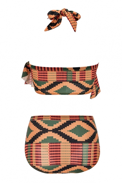 Fancy Tribal Print Halter Neck Ruffle Detail Summer Bikini