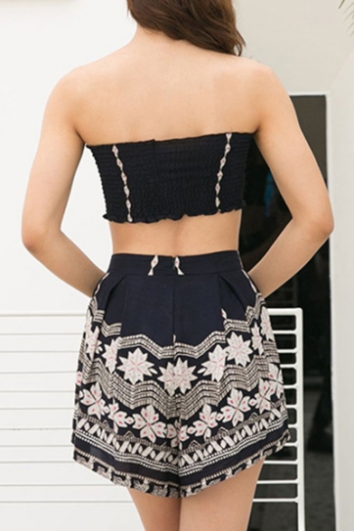 Fashion Floral Printed Off The Shoulder Bandeau Top with Zipper Fly Shorts Co-ords